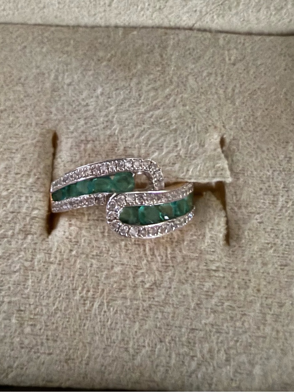 Ross-Simons Sterling Silver Pavé Wave Ring with Emerald Green Inlay